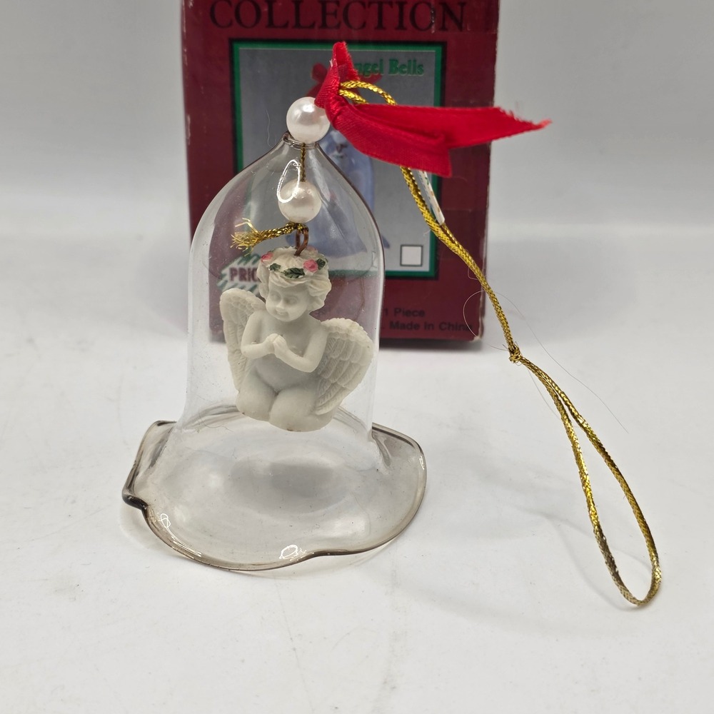 Price Angel Bell Ornament Clear Glass White Cherub 1996 Holiday Vintage 7361 Red